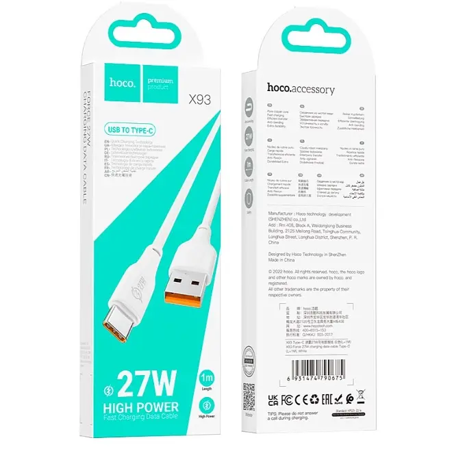 Кабель Hoco X93 Force 27W charging data cable Type-C 1M White - фото 2