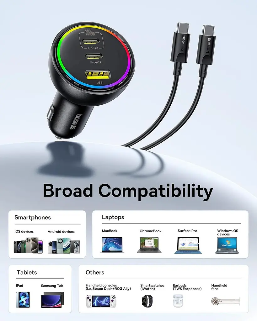 Автомобільний зарядний адаптер Baseus 152.5 W BSCC-ZX-CCL 2C+U з кабелем чорне - фото 4