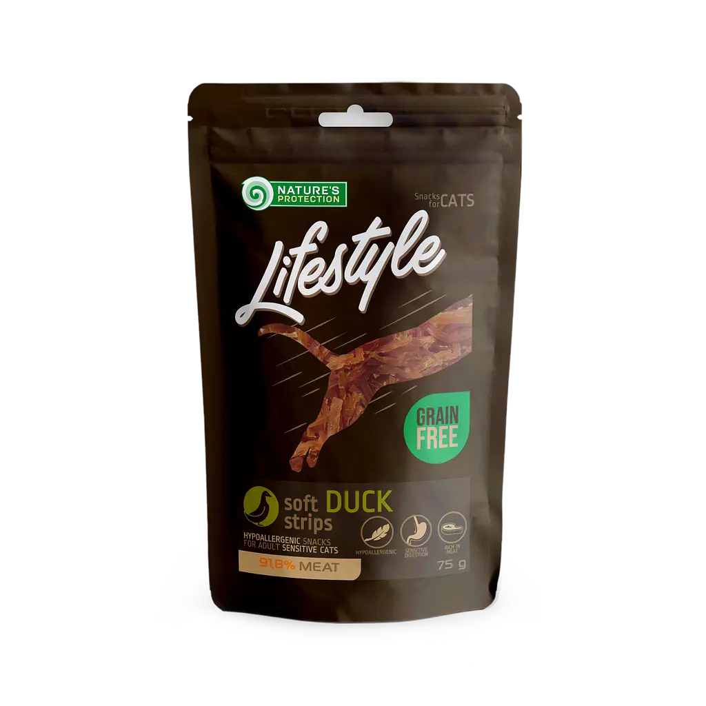 Ласощі для котів, м'які смужки з качки, Nature's Protection Lifestyle Snack For Cats Soft Duck Strips, 75г