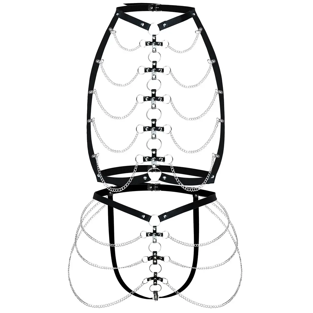 Набір портупея + трусики зі шкіри з ланцюжками Art of Sex - Cross, L-2XL - фото 4