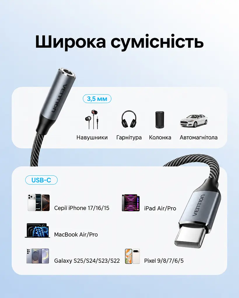 Аудіоадаптер Vention зі штекера USB-C на гніздо 3,5 мм з ЦАП DAC 16 біт 48 кГц з підтримкою дзвінків через гарнітуру TRRS з підтримкою пульта гарнітури залежно від телефона для навушників TRS та гарнітур OMTP і CTIA з бавовняним обплетенням кабелю з кабелем 0,15 м сірий (BIMHB) - фото 6