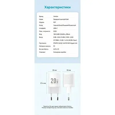 Зарядний пристрій Vention USB-C PD20W GaN white (FEPW0-EU) - фото 10