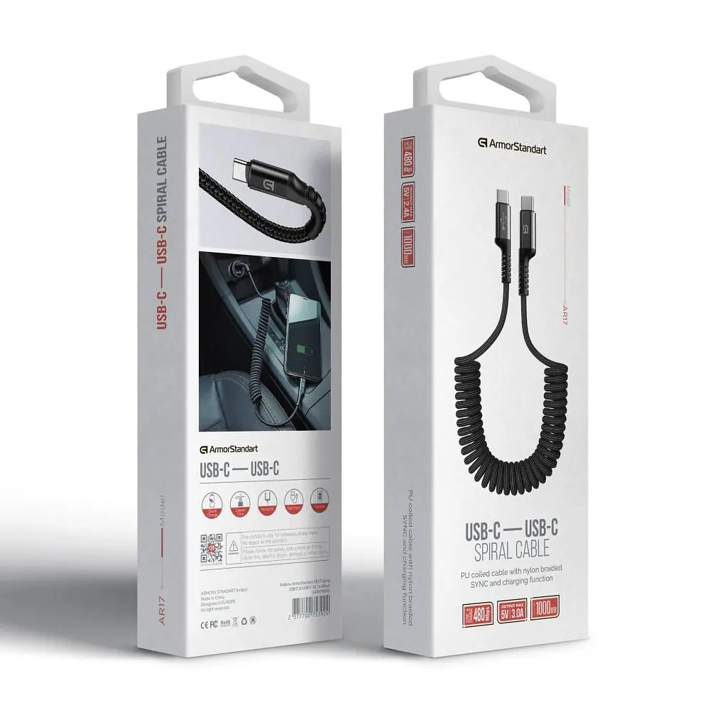 Дата кабель USB-C to USB-C 1.0m Spiral 3A Black Armorstandart (ARM75392) - фото 3