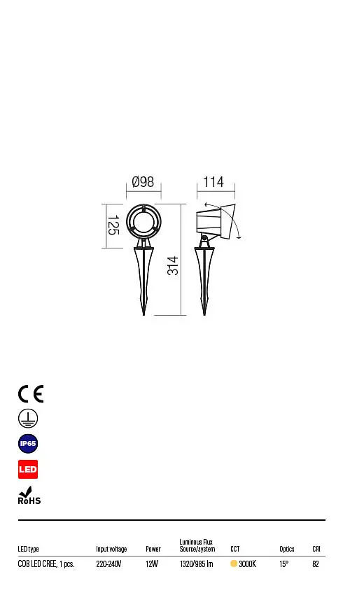 Ландшафтний світильник ZIGGY PR LED COB 12W IP65 DG 3000K(5.1.2) Redo 90110 - фото 3