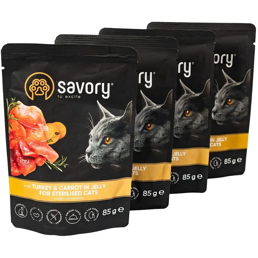 Уцінка. Набір вологих кормів Savory 3+1 для стерилізованих котів, індичка з морквою в желе 340 г (4 шт. х 85 г)  - фото 3