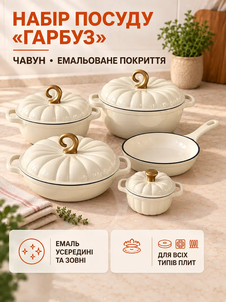 Набір чавунного емальованого посуду 9 предметів для всіх типів плит Кремовий (37261112) - фото 2