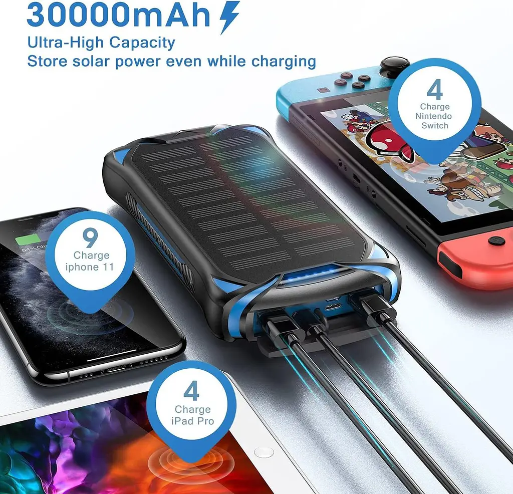 Солнечное зарядное устройство S18 Ver Wireless Charging 30000mAh (3 входа + 3 выхода) + фонарь - фото 4