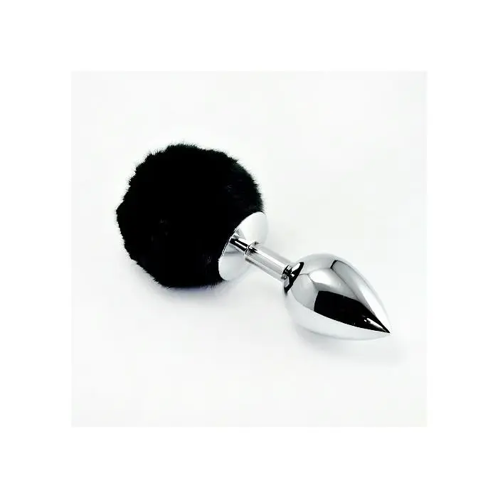 LoveToy Large Silver Plug+Pompon Black - Велика срібляста анальна пробка з пухнастим хвостом, 17х4 см, чорний