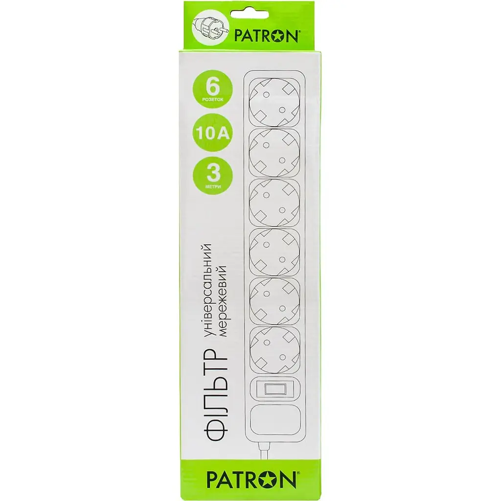 Мережевий фільтр Patron Patron, 6 розеток, 3 м, White, 10А, до 2.2 кВт, виключатель, заземление, 3x1 мм² (SP-1063W) (EXT-PN-SP-1063W) - фото 2