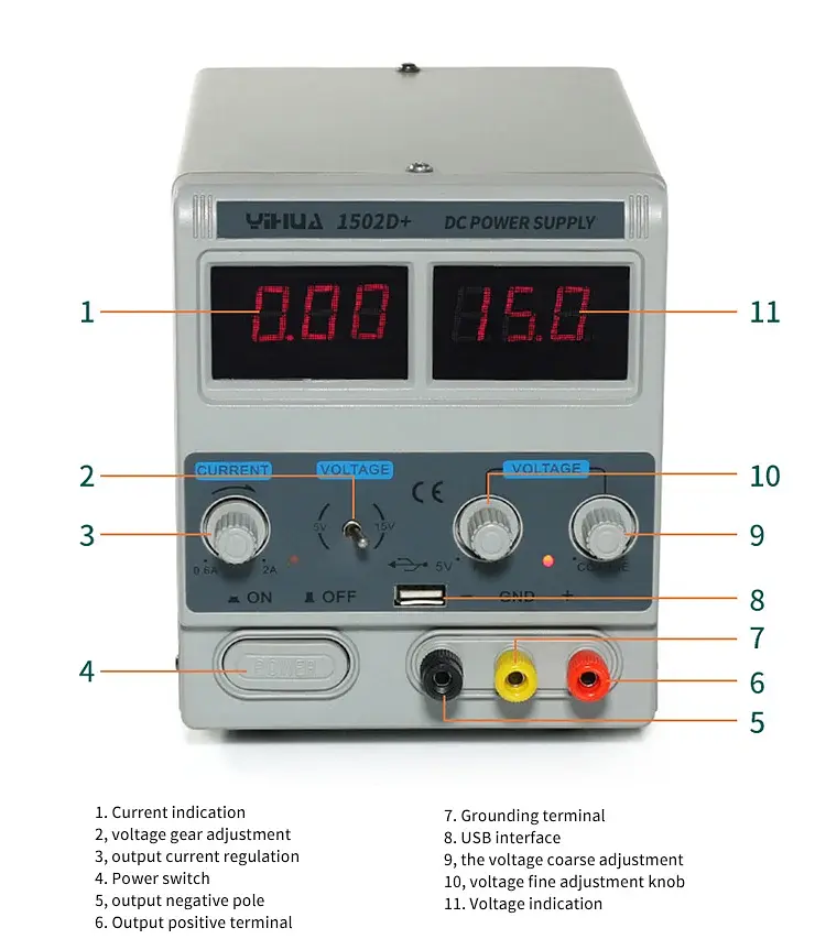 Лабораторний блок живлення Yihua 1502D+ Трансформаторний / 15V / 2A / 50W + USB, цифрова індикація напруги та струму (19465) - фото 5