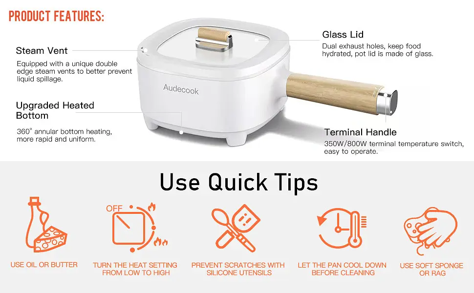 Каструля електрична багатофункціональна Audecook WD-1020B з пароваркою та антипригарною сковородою - фото 4