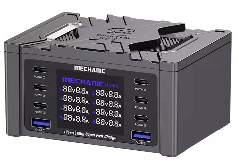 Зарядна станція з цифровою індикацією MECHANIC V-Power 8 Ultra, 2*QC3.0-5В3А,9В2A, 6*PD3.1-(5В/9В/12В/15В)3А,20В2,25A, 220В/160Вт. 114*60*84мм - фото 2