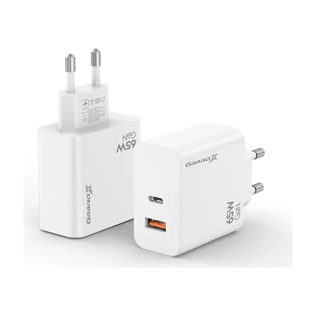 Зарядний пристрій Grand-X GaN 1xUSB-C + 1xUSB 65W PD3.0 QC4.0 AFC SCP FCP white (CH-960W) - фото 5