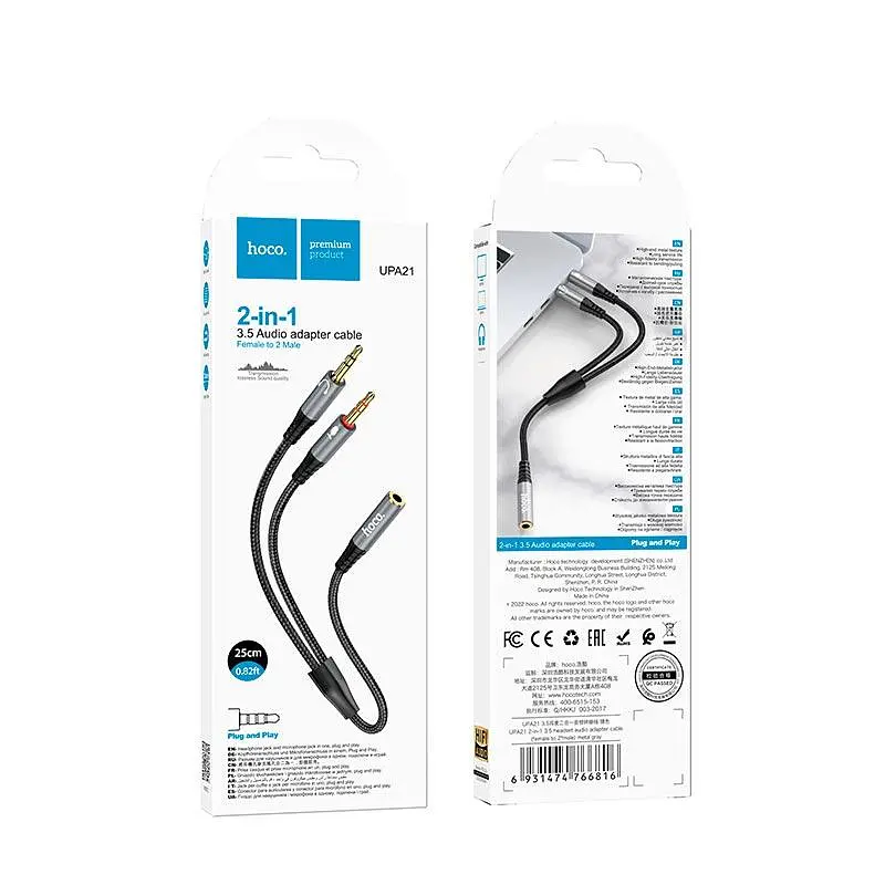 Кабель Hoco 2 в 1 3.5 headset audio adapter Cable UPA21 female to 2 мale 0.25 м - фото 2