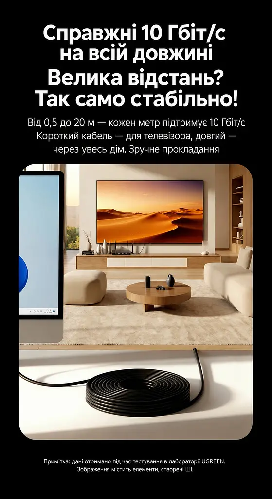 Мережевий кабель UGREEN NW122 0,5 м патч-корд Ethernet RJ45 штекер на RJ45 штекер Cat 6A до 10 Гбіт/с неекранований U/UTP діаметр 2,8 мм жили з чистої міді смуга частот 500 МГц чорний (70331) - фото 14