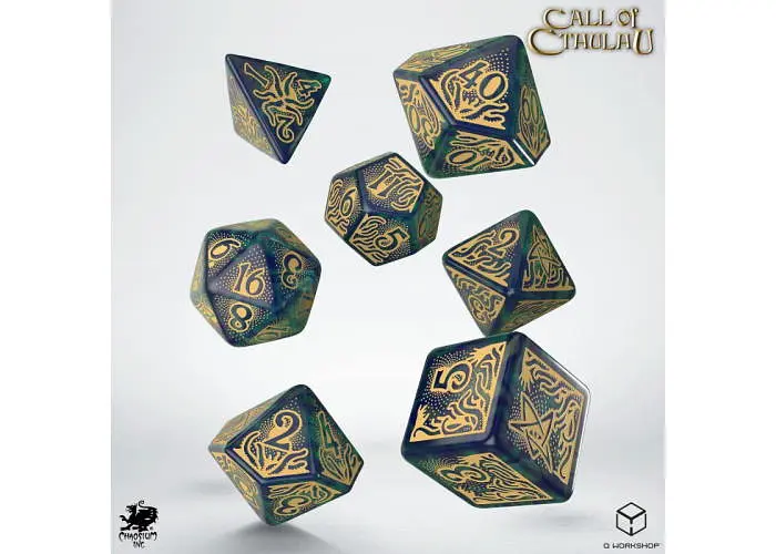 Набір кубиків Call of Cthulhu 7th Edition - Blue-green & Gold Dice Set (7 шт.) (SCTR22) - фото 2