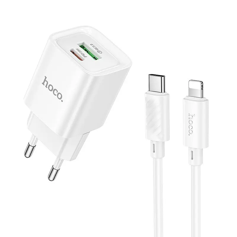 Сітчастий зарядний пристрій HOCO C147A Charm PD20W+QC3.0 charger set (C to iP)(EU) білий