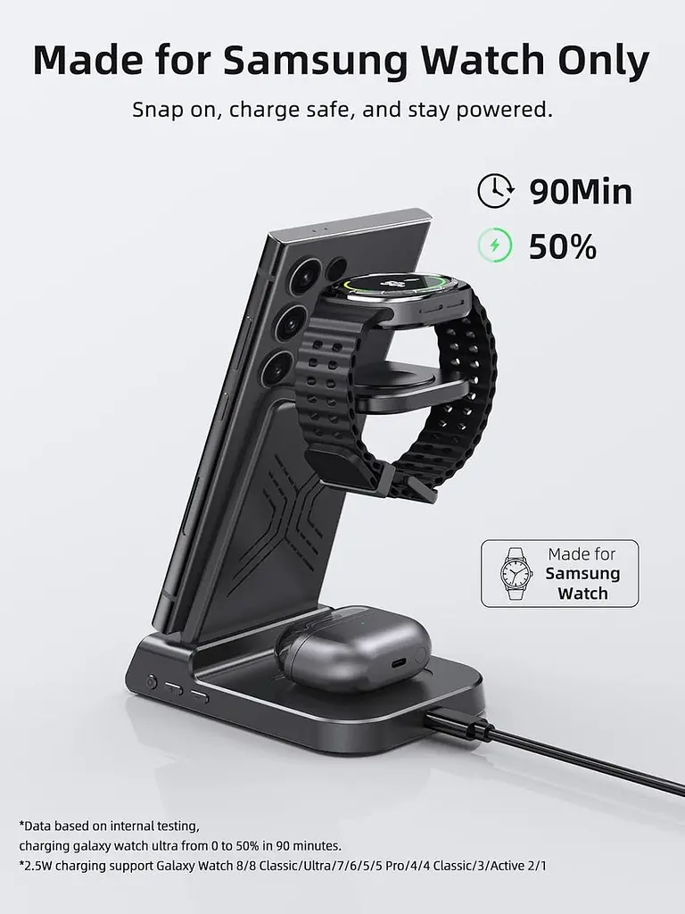 Бездротова зарядна станція 3-в-1 для Samsung Galaxy (S25/S24/S23/S22, Watch, Buds) з годинником, чорна - фото 5