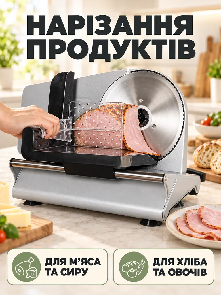 Електричний слайсер 500 Вт з товщиною нарізки до 15 мм для м'яса та сиру сріблястий (37261562) - фото 9