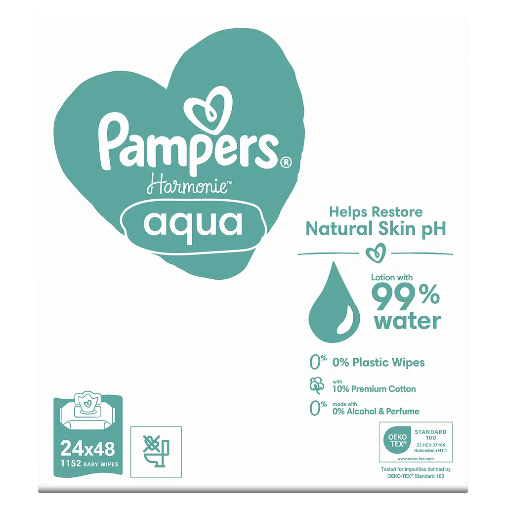 Уцінка. Набір дитячі вологі серветки Pampers Harmonie Aqua 1152 шт. (24 уп. по 48 шт.) - фото 2