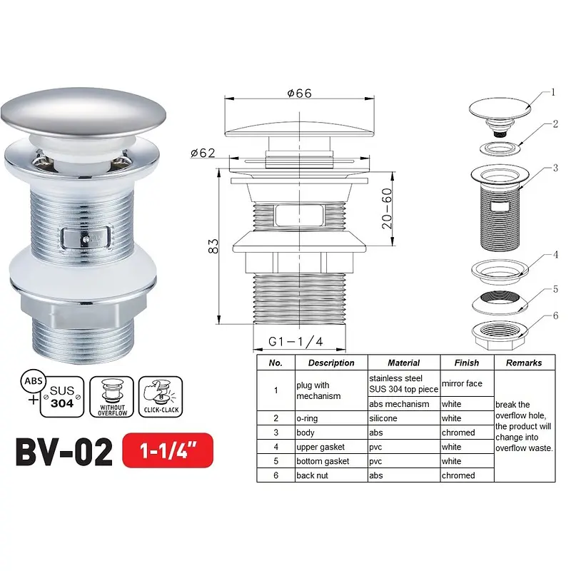 Донний клапан для раковини Zerix BV-02 без переливу автоматичний Click-Clack 1 1/4″ ZX6015 - фото 3