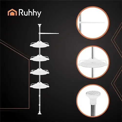 Кутова телескопічна полиця для душу Ruhhy 26639, біла, 4 яруси, 240–310 см - фото 6