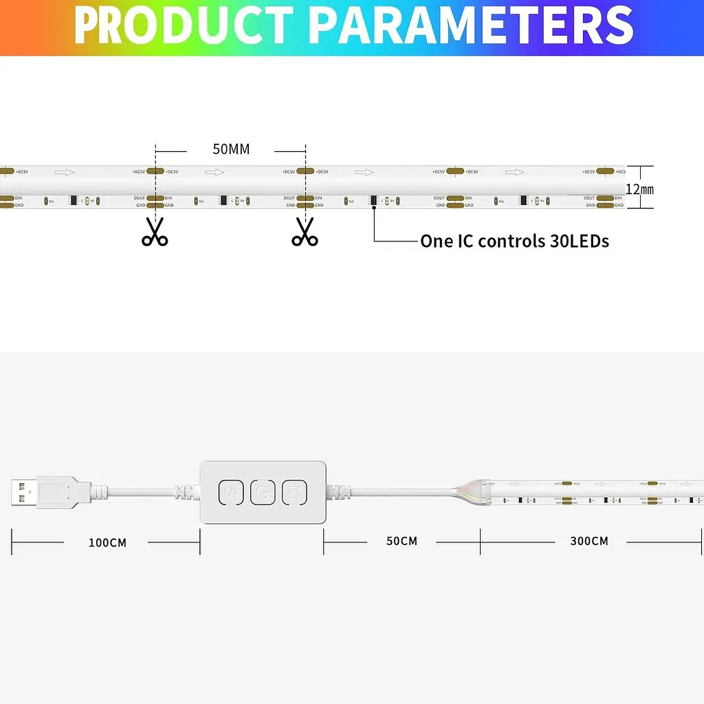 Світлодіодна стрічка AUTIX USB RGB Smart IC COB, 3 м, 5 В, 1800 світлодіодів, кольорова піксельна адресована світлодіодна стрічка - фото 2