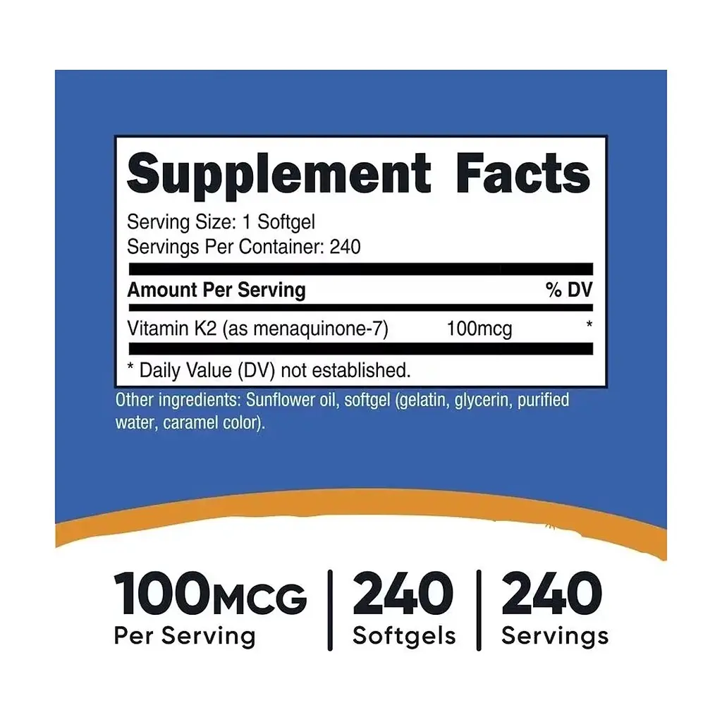 Вітамінно-мінеральний комплекс Nutricost Вітамін К2 у формі МК-7, 100 мкг, Vitamin K2 MK-7, 240 гелевих капсу (NCS67264) - фото 4