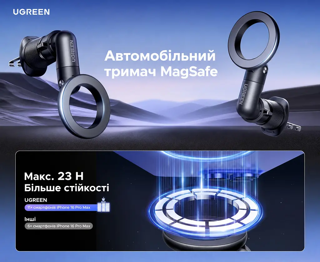 Магнітний автомобільний тримач для телефона UGREEN LP923 із кріпленням на дефлектор сумісний із MagSafe із самоклейним металевим кільцем для кріплення без MagSafe з регулюванням плеча та нахилу для вертикального або горизонтального розміщення з керуванням однією рукою з подвійним металевим гачком чорний із темно-сірим та сріблястими кінцями гачків (65185) - фото 9