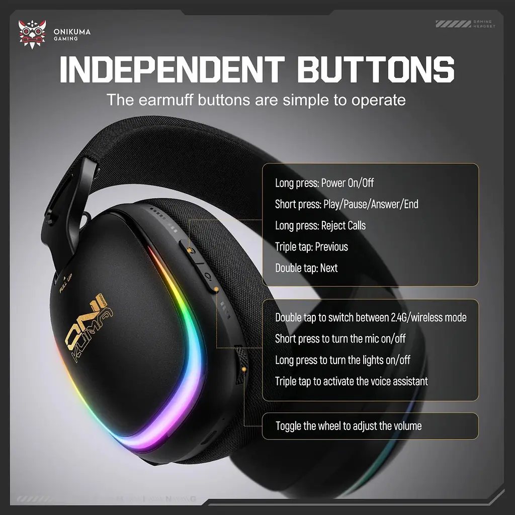 Навушники Onikuma ігрові блютуз GT-805 Max з мікрофоном RGB підсвітка Bluetooth 5.4 + 2.4GHz AUX до 60 годин роботи для ПК - фото 6