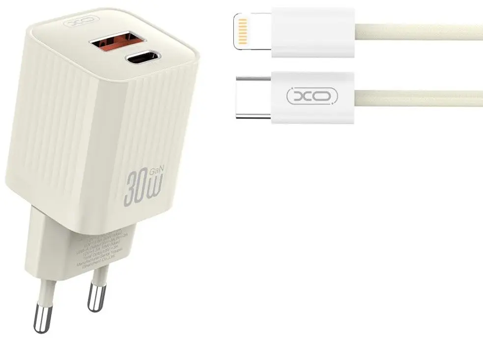 Мережевий зарядний пристрій XO L149 double USB-A/USB-C 30W 3A with Lightning-Type-C cable Beige
