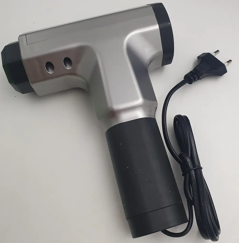 М'язовий масажер для тіла ручний 220V портативний 4 насадки Fascial Gun RF-709 сірий - фото 10