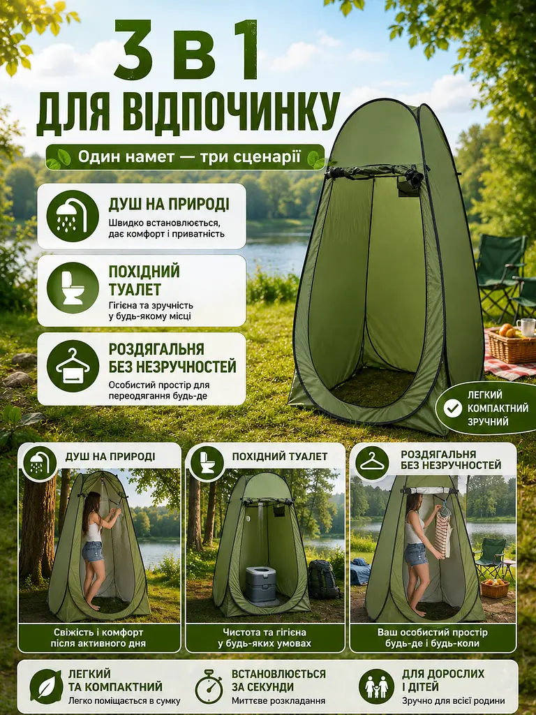 Автоматичний намет душ туалет роздягальня зелений 120 × 120 × 190 см для кемпінгу (49675924), Хакі - фото 6