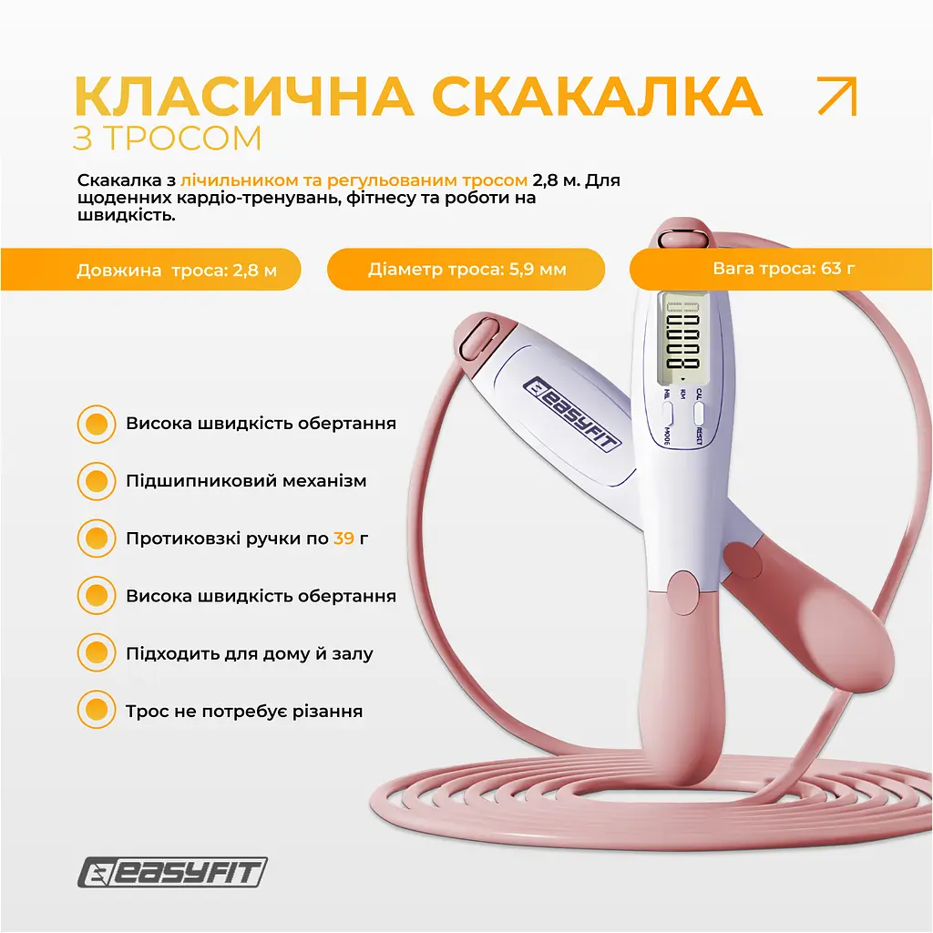 Скакалка без шнура EasyFit TwinRope со счетчиком 2,8 м белый-розовый - фото 3
