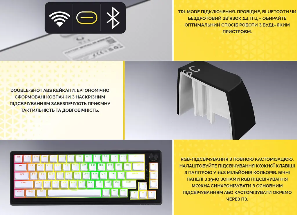 Клавіатура ігрова механічна HATOR HTK-3160-UA Skyfall 65 Wireless Aurum Sterling Switch USB, 2,4 ГГц, BT 5.3 Black-White - фото 10