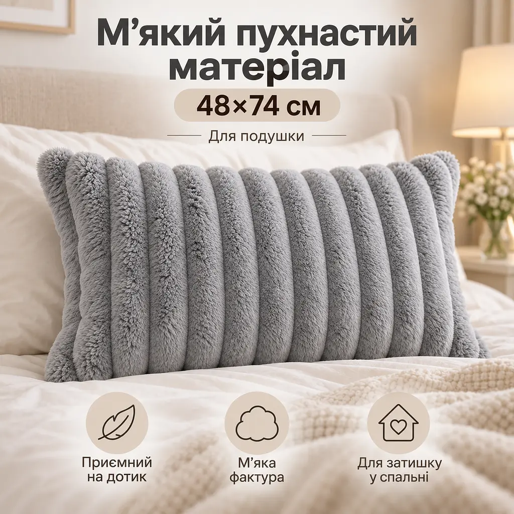 М'яка плюшева хутряна наволочка Solve сіра 48 x 74 см (KT9001021) - фото 5