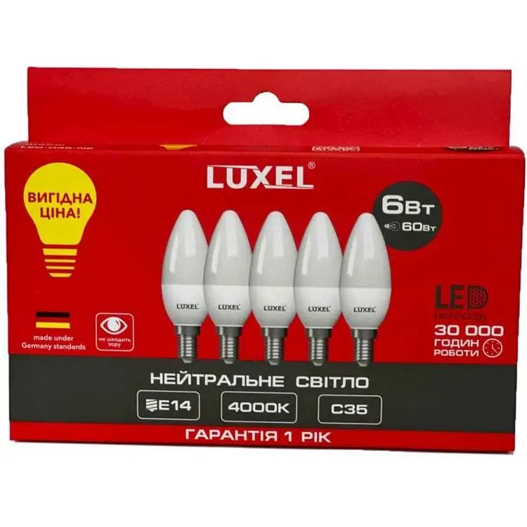 Лампа світлодіодна LUXEL 6W E14 4000K C35 (045-NE) 5шт