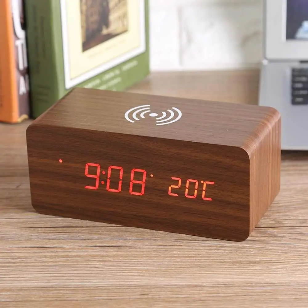 Деревянные LED часы UFT Wood Wireless Clock с функцией беспроводной зарядки коричневые - фото 6