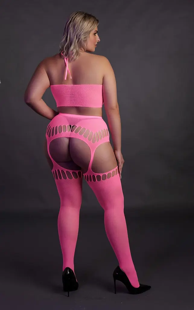 Комплект білизни Ouch! Two Piece with Crop Top and Stockings, XL/XXXXL (рожевий) - фото 7