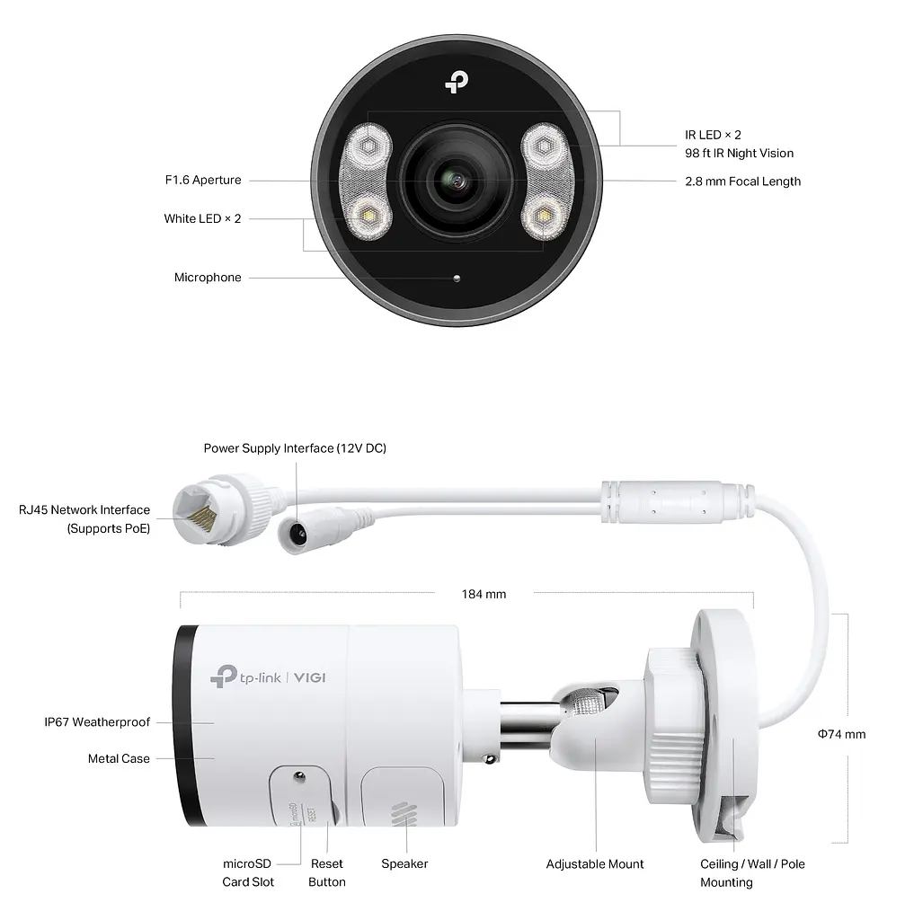 IP-камера VIGI C345-2,8, PoE, 4Мп, 2,8мм, H265+, IP66, Bullet, цветное ночное видение. TP-Link teh0015942 - фото 7