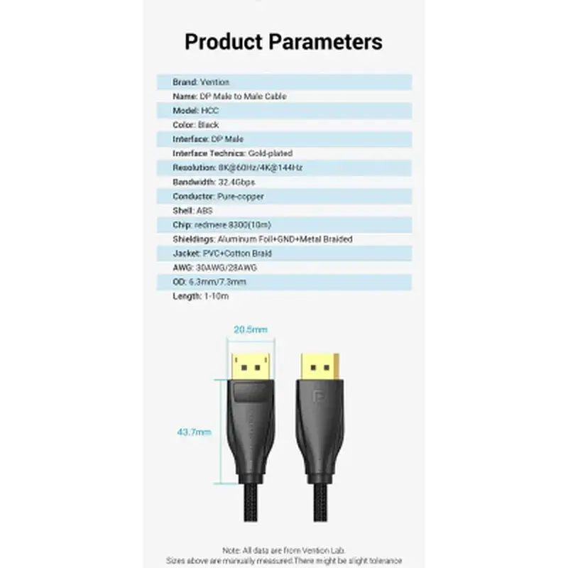 Кабель мультимедійний DisplayPort M to DisplayPort M 2.0m 8K60Hz black Vention (HCCBH) - фото 9