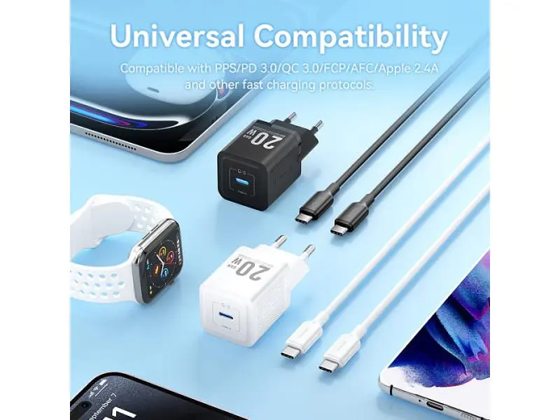 Мережевий зарядний пристрій Vention GaN Charger PD3.0, QC3.0 20 W Type-C cable Black (TZ-FEPB0-EU-01) - фото 2