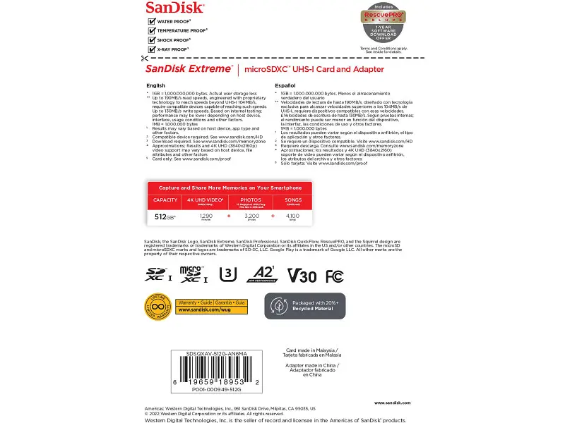 Карта пам'яті SanDisk Extreme microSDXC UHS-I U3 V30 A2 + SD-Adapter 512 GB (SDSQXAV-512G-GN6MA) - фото 6
