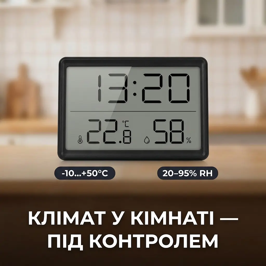 Годинник з термометром та гігрометром, цифровий будильник 9×7 см, з магнітним кріпленням, чорний - фото 9