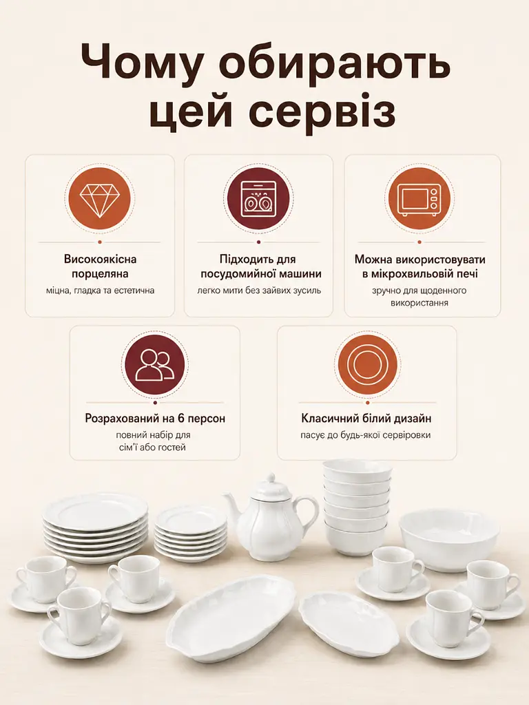 Столовий сервіз із фарфору на 6 персон, 34 предмети для сервірування столу, білий (37261978) - фото 7