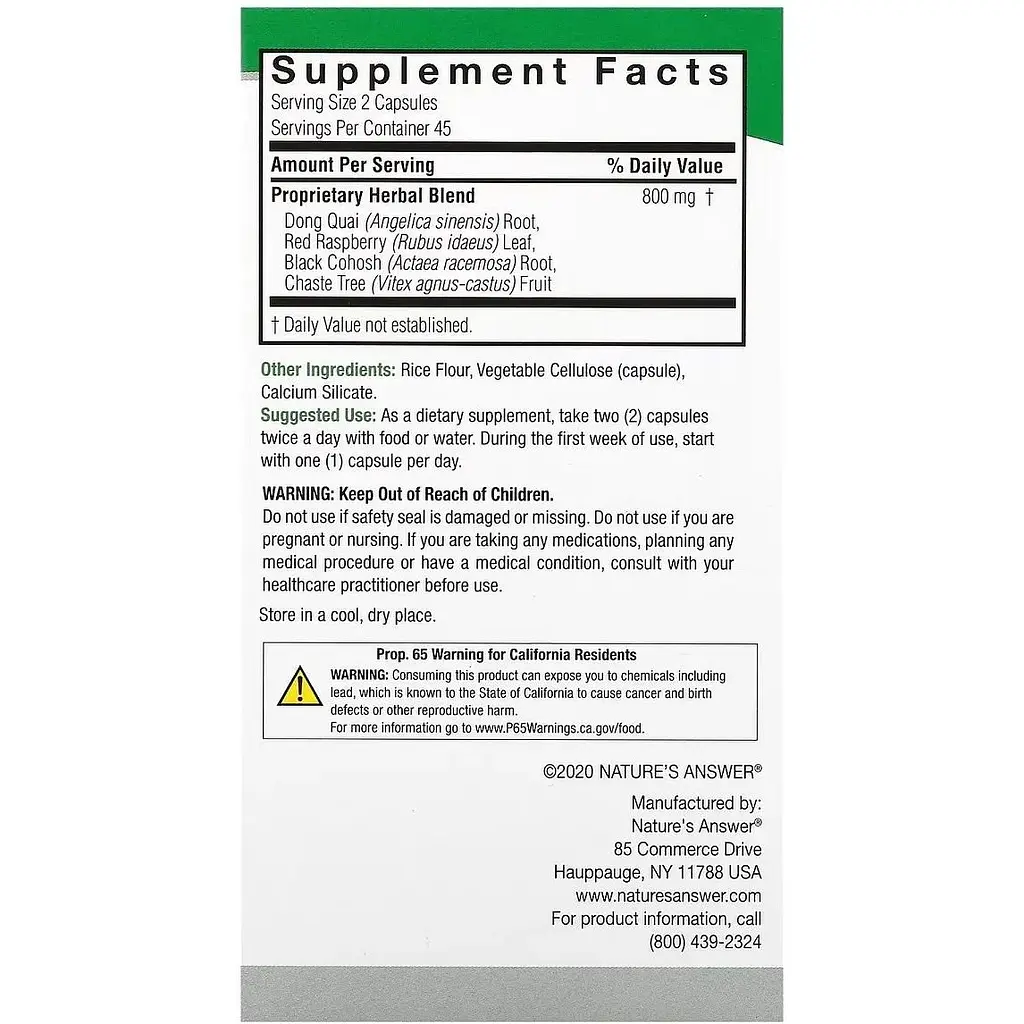Женский травяной комплекс Nature's Answer Female Complex Herbal Combination 800 мг 90 вегетарианских капсул - фото 3