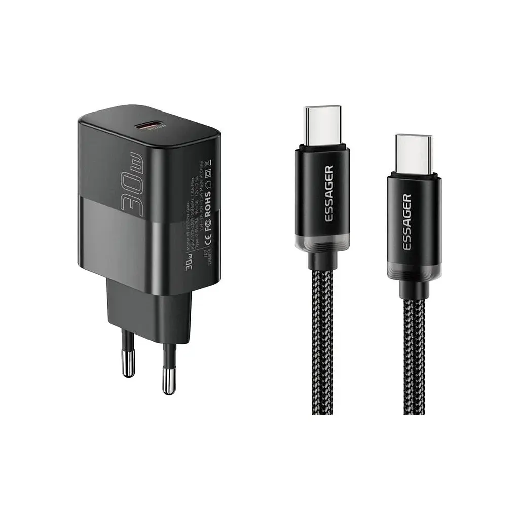 Зарядний пристрій Essager USB-C PD30W + cable USB-C to USB-C 60W black (E30JSB1-SYTT1-T)