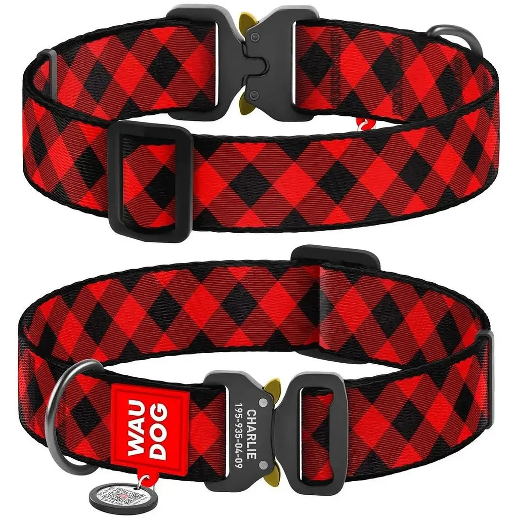 Нашийник для собак Waudog Nylon Шотландка червона, з QR паспортом, металева пряжка-фастекс, XXL, 43-70х3,5 см - фото 3