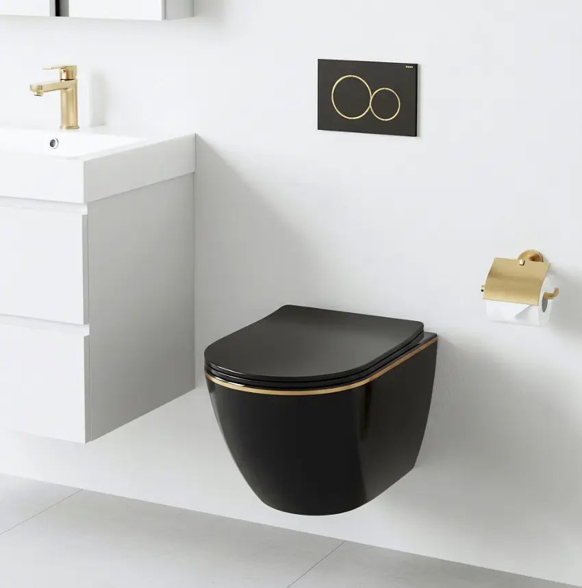Підвісний унітаз Rea Carlo Mini Tornado Flat безободковий 49x36 см black із краєм gold REA-C4695 - фото 2