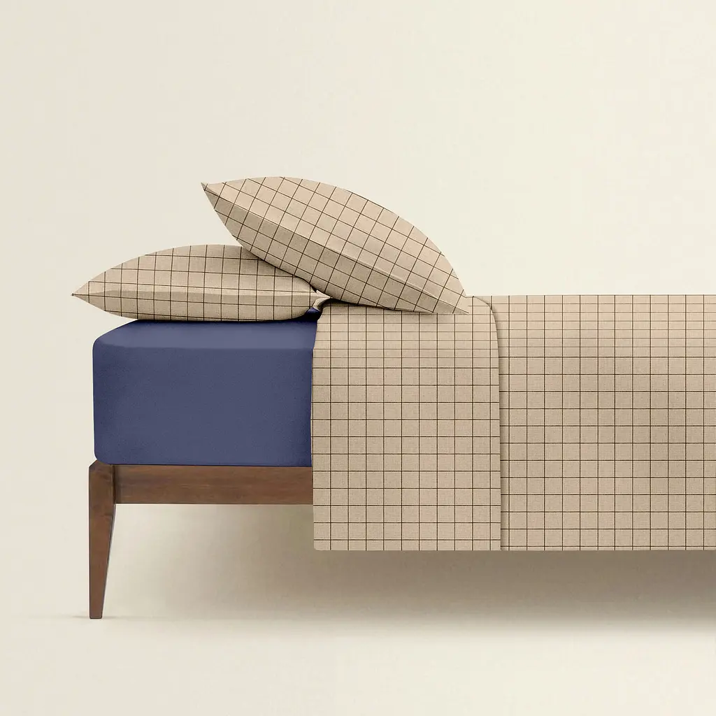 Комплект постільної білизни Cosas двоспальний з простирадлом на резинці BEIGE GEOMETRY CS14 180 x 220 см (CellAshbeige_El160-87DarkBlue_180) - фото 2